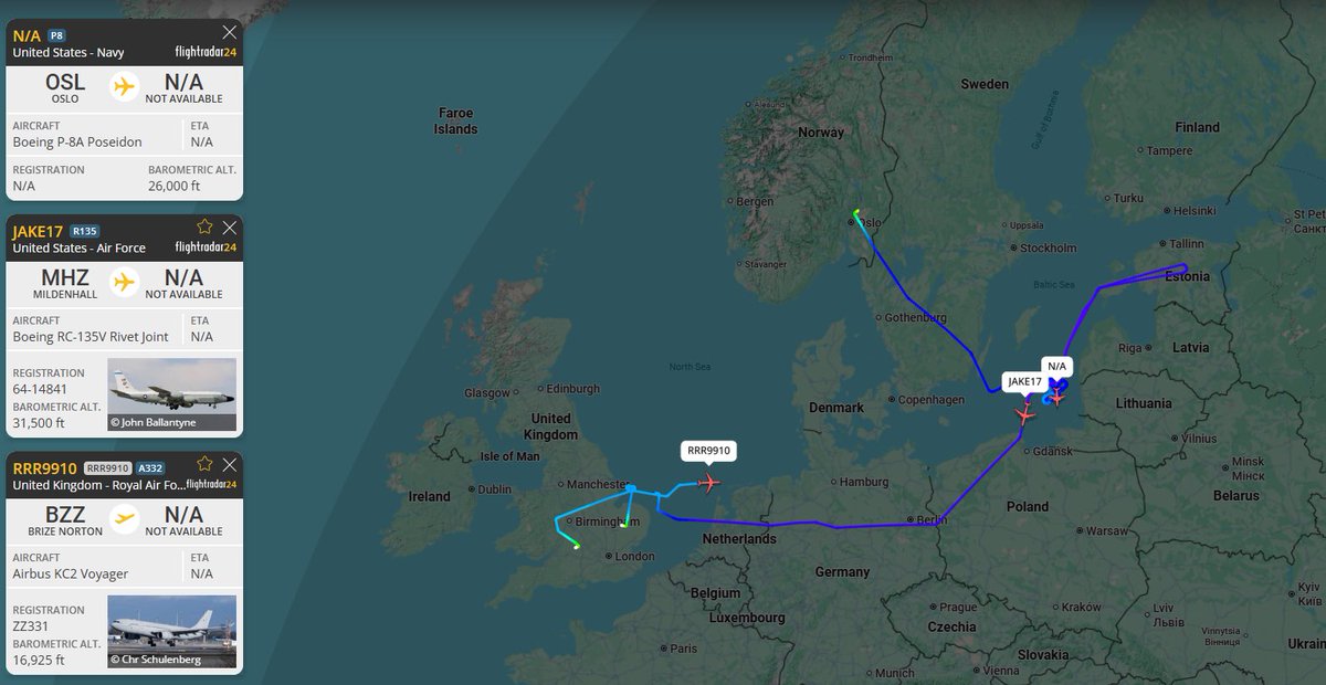 sentdefender's tweet photo. A U.S. Air Force RC-135V “Rivet Joint” Signals Intelligence Aircraft is taking a look at Northwestern Russia tonight over Estonia and the Baltic Sea, while a U.S. Navy P-8A “Poseidon” Maritime Patrol and Surveillance Aircraft is doing rounds off the coast of the Russian exclave of Kaliningrad. In addition, a British KC2 “Voyager” Aerial-Refueling Tanker, towing several Eurofighter Typhoons, has departed RAF Brize Norton enroute to Eastern Poland, for its third patrol as part of NATO Operation Eastern Sentry.