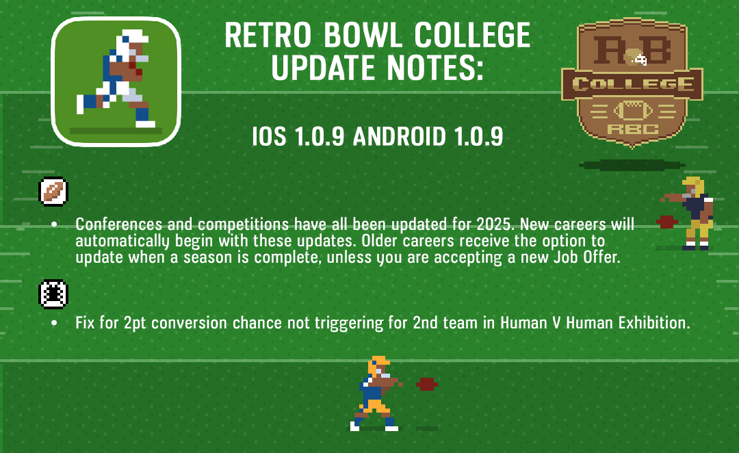 New Retro Bowl College update is available now on Android and iOS.