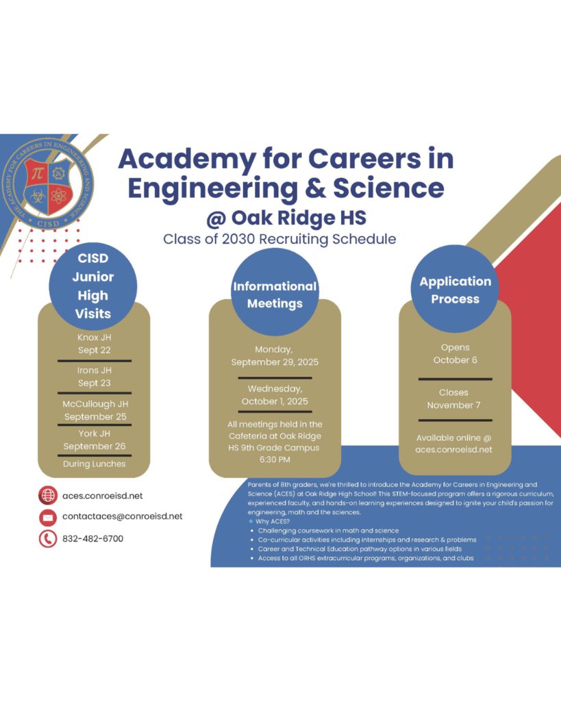 ACESCISD's tweet image. ACES Informational Meetings for the Class of 2030 held 9/29 &amp;amp; 10/1 at the ORHS 9th Cafeteria. 6:30 PM. Only attend one option. Park in the back  lot adjacent to the cafeteria.