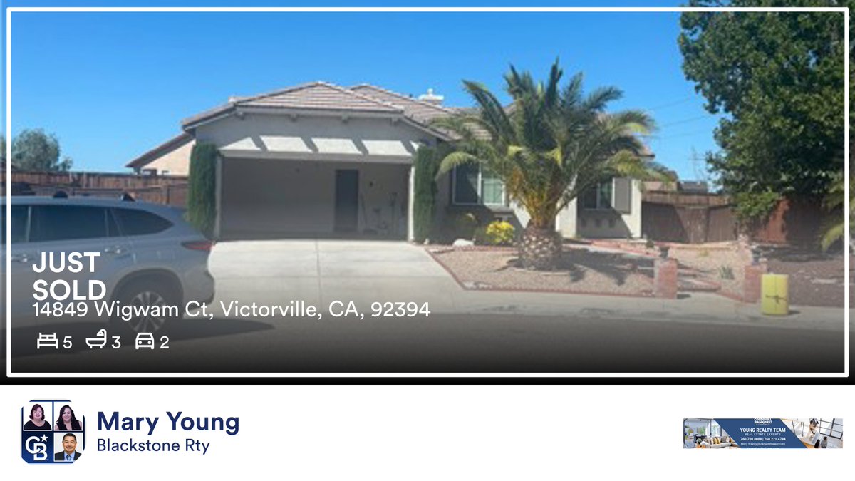 YRTGROUP's tweet image. 🛌 5 🛀 3 🚘 2
📍 14849 Wigwam Ct, Victorville, CA, 92394

My latest sale on RateMyAgent.
CA Realtor 01440811
rma.reviews/wtj14cnp4nap

...
#ratemyagent #realestate #Coldwell_Banker_Blackstone_Rty