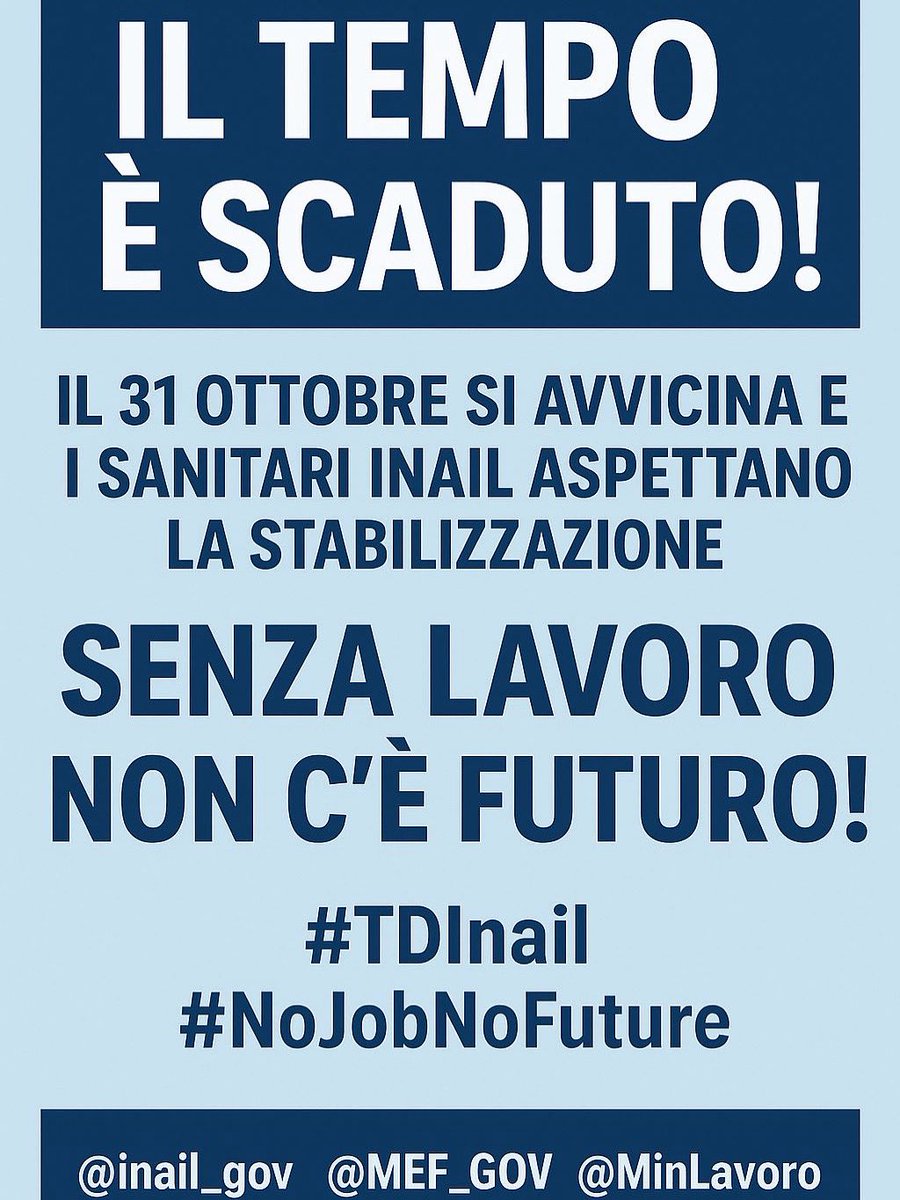 Il 31 ottobre scadranno contratti di lavoro di 94 lavoratrici e lavoratori appartenenti all’Area sanitaria INAIL. Quelli che abbiamo definito eroi in tempi Covid sono gli stessi che oggi pretendono giusto riconoscimento per prezioso lavoro fin qui prestato
#TDInail #NoJobNoFuture
