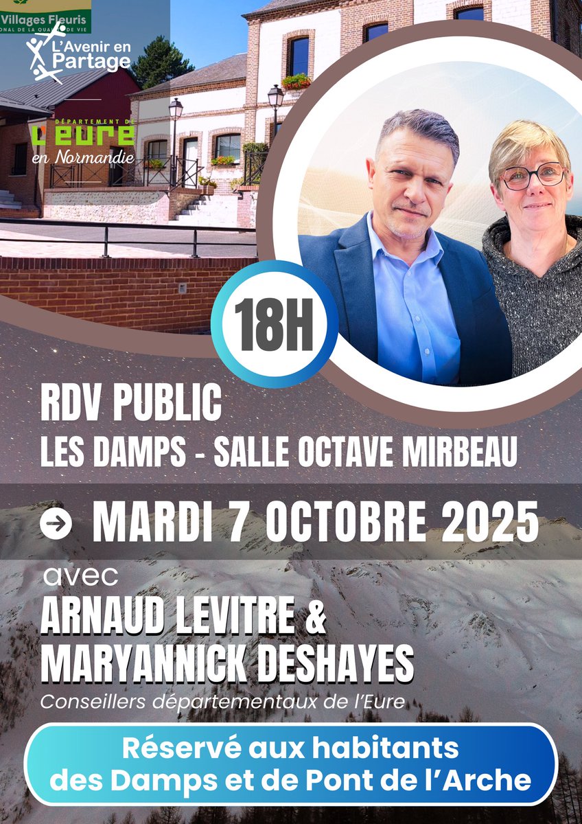 Prochain rdv de proximité : mardi 7 octobre aux Damps. Comme tous les ans, avec Maryannick Deshayes, nous venons à votre rencontre pour vous rendre compte de notre travail et écouter pour agir en fonction de vos questions, vos propositions, vos demandes. #departement27 #Eure
