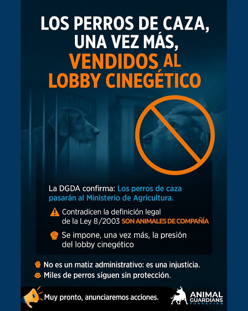 📢 Una vez más, los perros de caza quedan fuera. La <a href="/AnimalesGob/">D. G. Derechos Animales</a> cede al lobby cinegético: pasarán al Ministerio de Agricultura. No es un trámite, es una injusticia. #PerrosDeCasaNoDeCaza