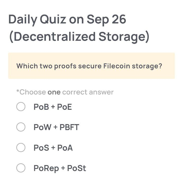Xenea_io's tweet photo. 🔍 Need a Hint for Today’s Quiz?

Filecoin doesn’t rely on just one proof — it uses a combo to show data is stored correctly and continuously over time. https://t.co/u1OhXC8anU