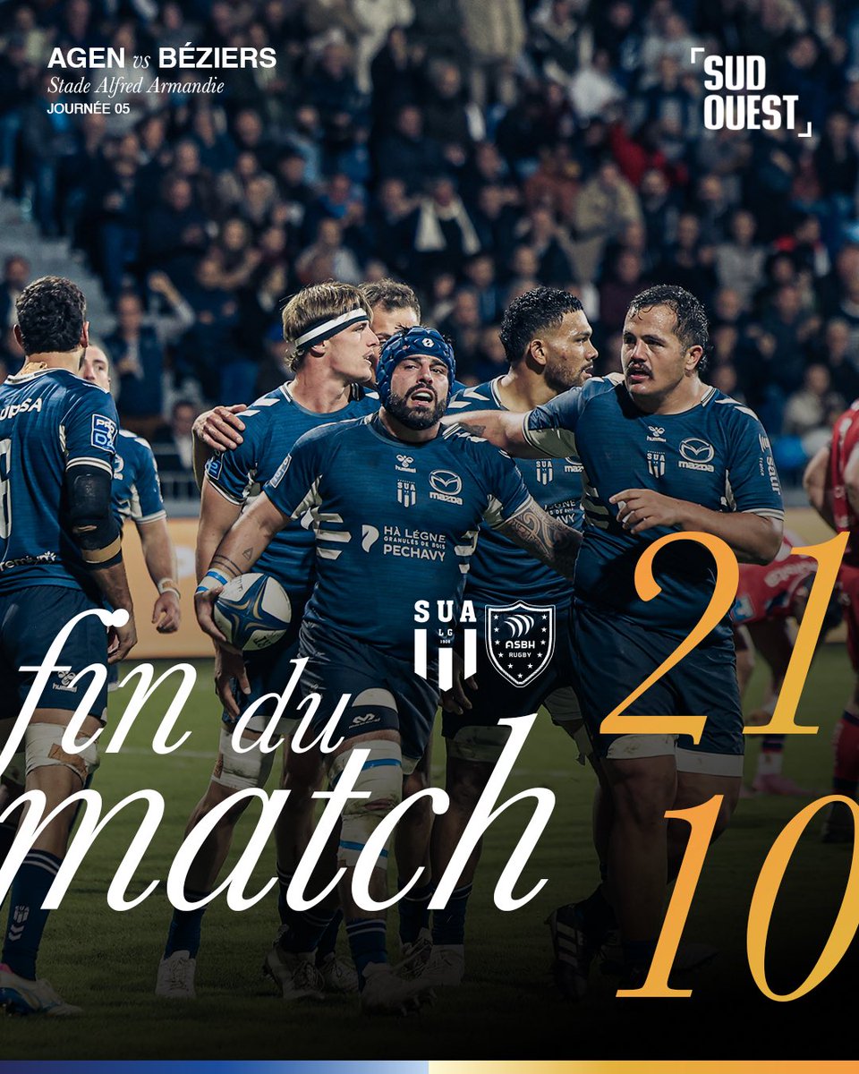 Victoire à Armandie 💙

Une seconde mi-temps plus prolifique avec trois essais, et nos Agenais s’imposent à la maison face à une belle équipe de Béziers !