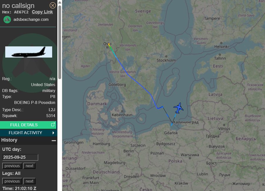 A map showing a flight path over the Baltic Sea, marked with a blue line and an airplane icon near Kaliningrad. An image of a Boeing P-8 Poseidon aircraft is on the left. Text overlays include flight details such as 