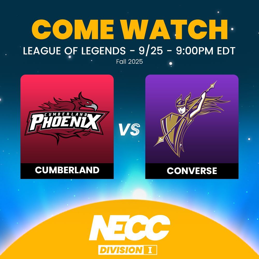 ⚔️🐉 LEAGUE OF LEGENDS ACTION – TONIGHT! 🐉⚔️

The Rift is heating up! We’ve got a huge NECC League of Legends showdown tonight 👀🔥 

🕘 9 PM EST – Division I
<a href="/CUeSports21/">Cumberland University Esports</a> vs <a href="/ConverseEsports/">Converse Esports</a> 

🎙️ Brought to you by our LoL production team &amp; casting desk bringing every teamfight