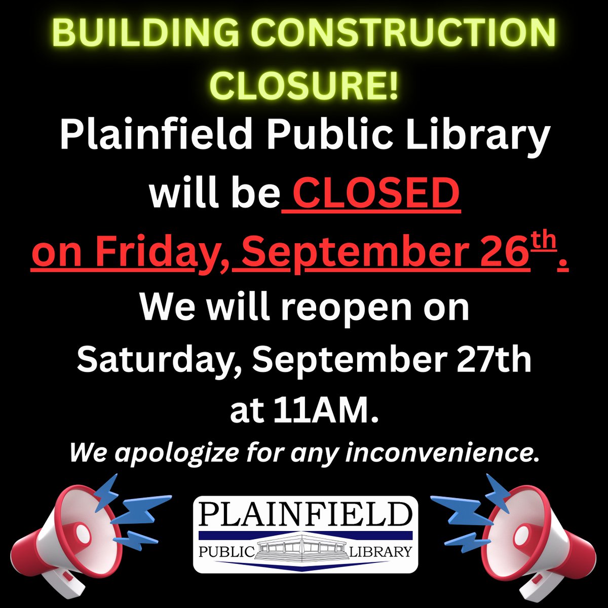 plainfieldpl's tweet image. The library will be closed tomorrow, Friday, September 26th, due to construction. We will reopen on Saturday, Sept. 27th at 11AM. We apologize for any inconvenience.
.
#plainfieldlibrarynj #libraryconstruction