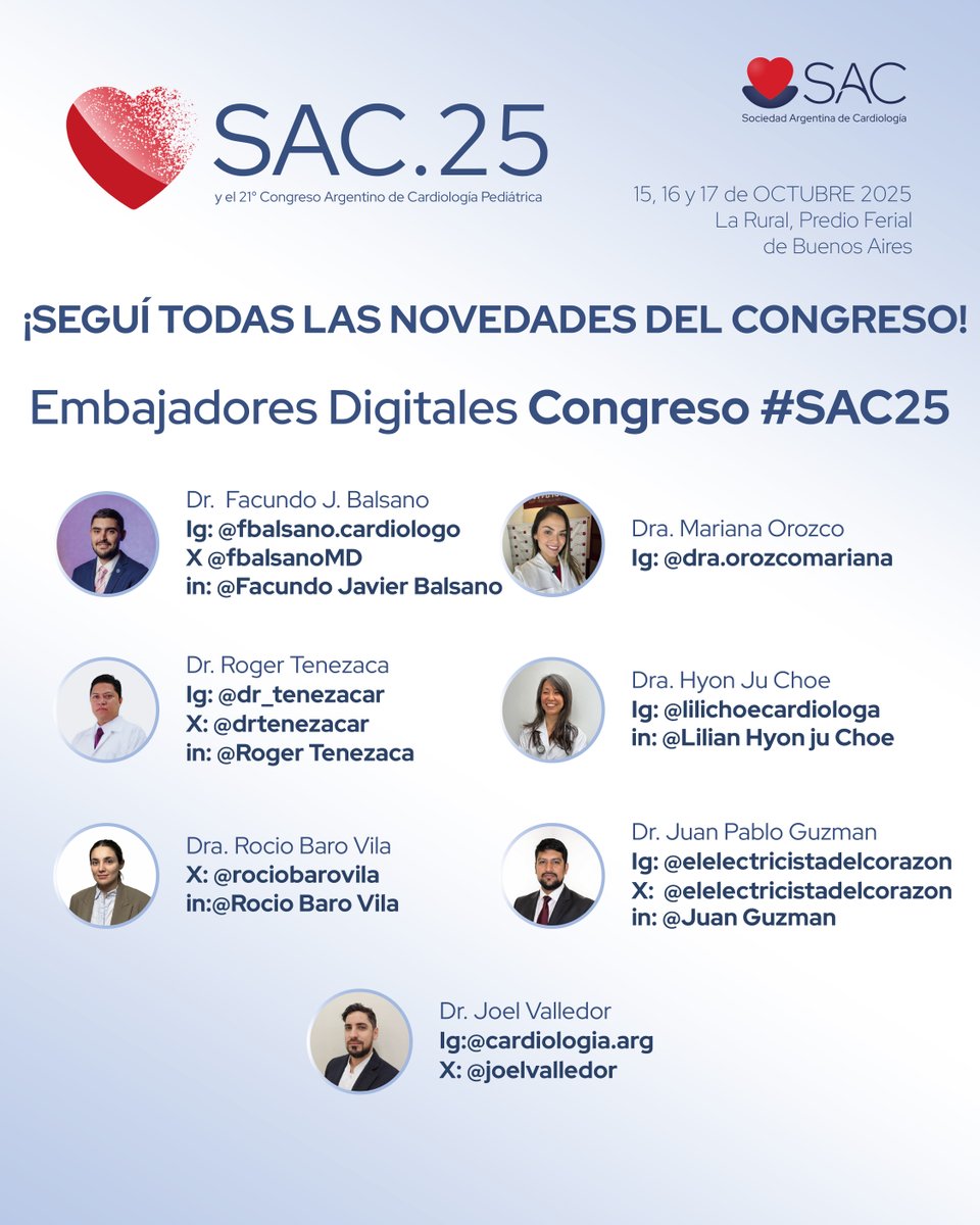 ✅ También podés seguir todas las novedades del Congreso #SAC25 a través de nuestros Embajadores Digitales 🩺

@meliantoniolli 
<a href="/gonzaeperez/">Gonzalo Perez</a>
<a href="/DRomarprieto/">Omar Prieto</a>
<a href="/fbalsanoMD/">Facundo Balsano</a>
<a href="/drtenezacar/">Roger Tenezaca</a>
@rociobarovila
@joelvalledor
@elelectricistadelcorazon