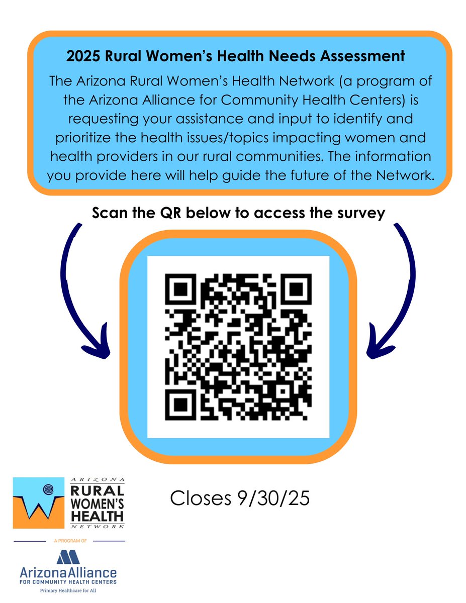 The Arizona Rural Women’s Health Network needs your assistance! Fill out the 2025 Rural Women’s Health Needs Assessment by 9/30.