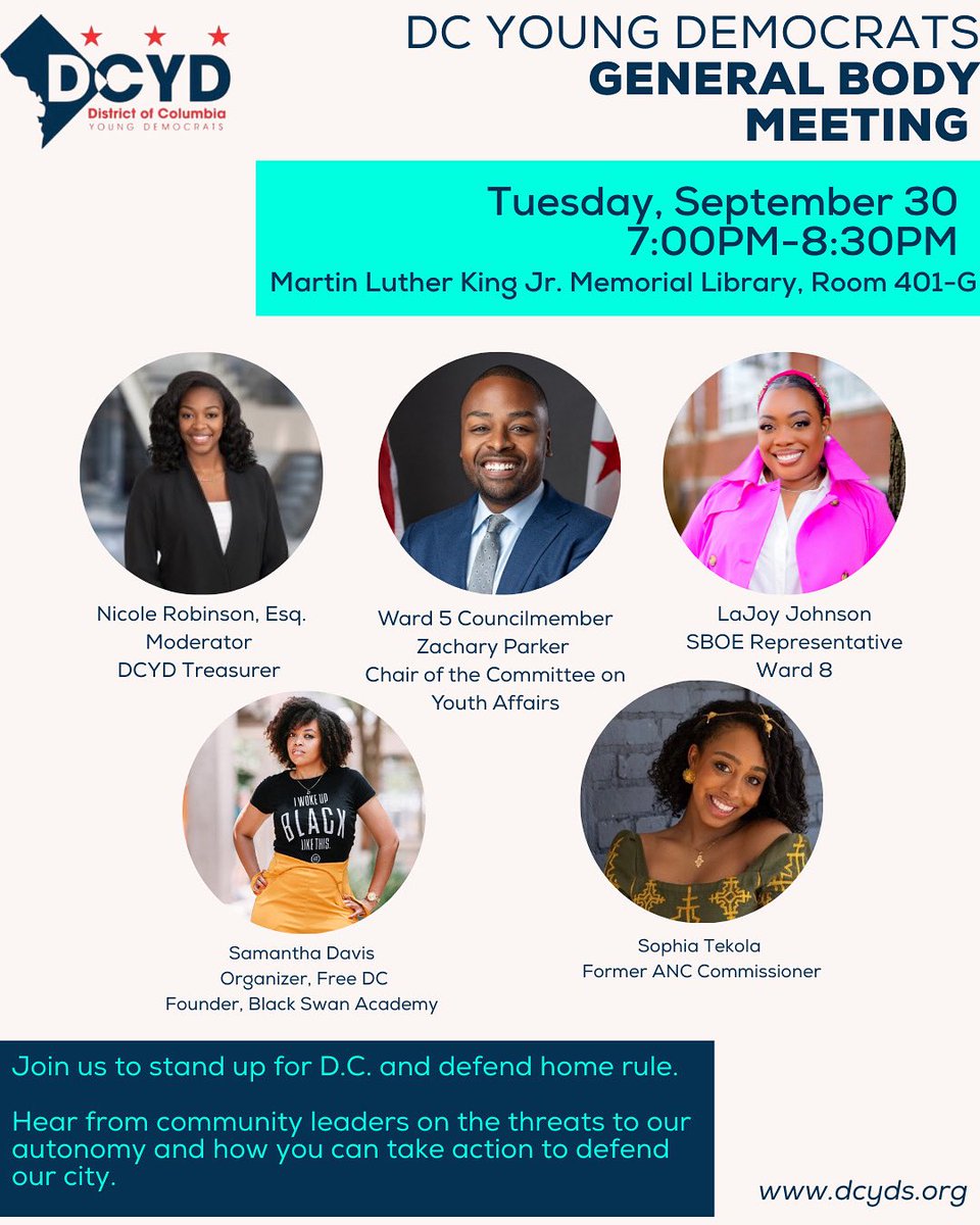 🗣️ Reminder to join us and our amazing panelists next week Tuesday, Sep. 30 at 7PM for our general body meeting to talk about the state of the DC. This conversation is so important as we work to defend our city and fight for statehood. Register by clicking the link in our bio!