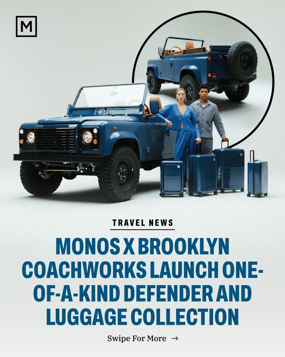themanualguide's tweet image. Monos has joined forces with Brooklyn Coachworks to create a custom Land Rover and a matching limited-edition luggage line. The Arles Blue collection pairs a high-gloss finish with a saddle-tan interior, blending rugged heritage with refined design.

#monos #brooklyncoachworks