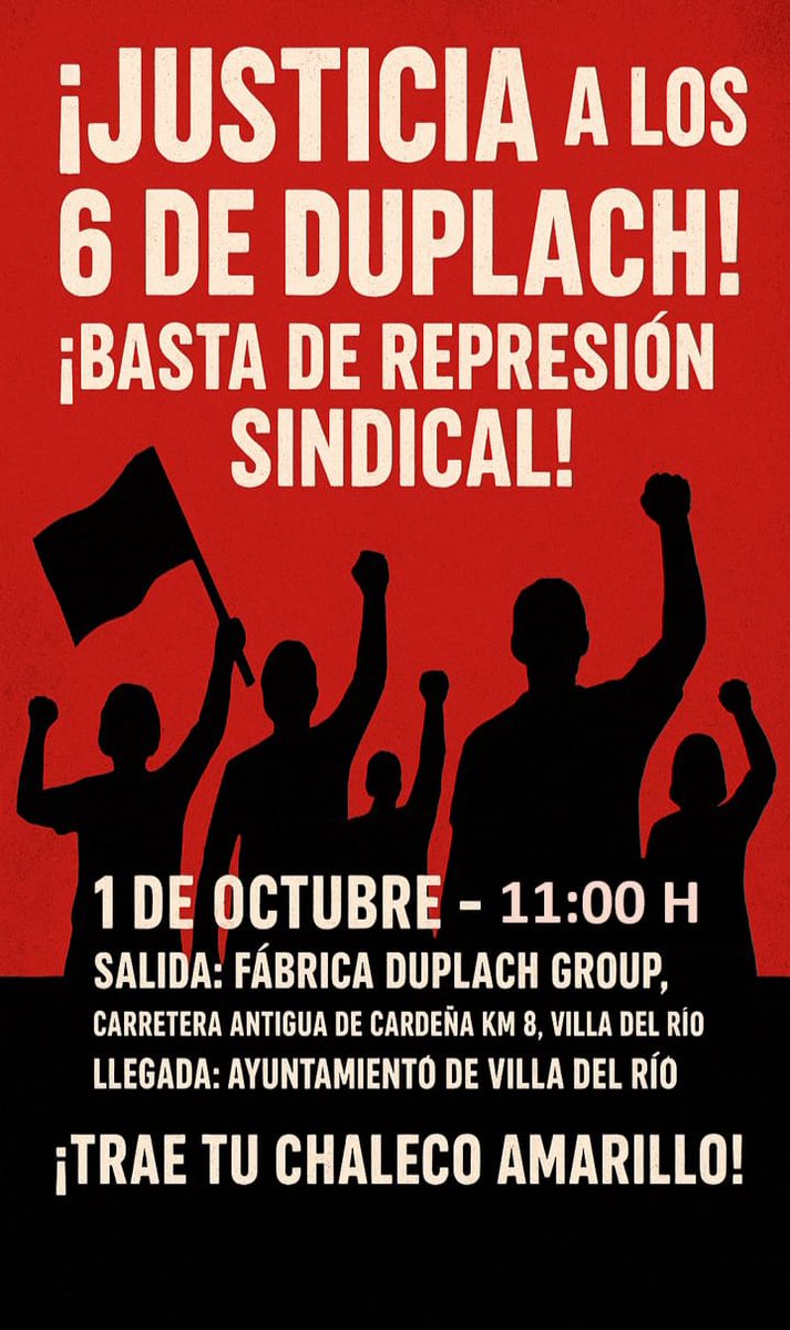 Por la libertad sindical en DUPLACH: Readmisión de los 6 sindicalitas despedidos.
sindicatounitario.net/por-la-liberta…