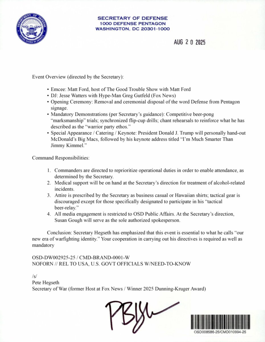 StandForBetter.org (@standforbetter) on Twitter photo Unprecedented Pentagon memo leaks on Reddit as Pete Hegseth, Vance & Trump’s Defense Secretary, summons generals to Quantico (not the Naval Academy). Trump insists he’s smarter than Jimmy Kimmel <a href="/DeptofWar/">Department of War 🇺🇸</a> <a href="/petehegseth_DoD/">Pete Hegseth Secretary of Defense - Parody</a> <a href="/JimmyKimmelLive/">Jimmy Kimmel Live</a> <a href="/jimmykimmel/">Jimmy Kimmel</a> <a href="/CAgovernor/">Governor Gavin Newsom</a> <a href="/GovPressOffice/">Governor Newsom Press Office</a> Unprecedented Pentagon memo leaks on Reddit as Pete Hegseth, Vance & Trump’s Defense Secretary, summons generals to Quantico (not the Naval Academy). Trump insists he’s smarter than Jimmy Kimmel <a href="/DeptofWar/">Department of War 🇺🇸</a> <a href="/petehegseth_DoD/">Pete Hegseth Secretary of Defense - Parody</a> <a href="/JimmyKimmelLive/">Jimmy Kimmel Live</a> <a href="/jimmykimmel/">Jimmy Kimmel</a> <a href="/CAgovernor/">Governor Gavin Newsom</a> <a href="/GovPressOffice/">Governor Newsom Press Office</a>