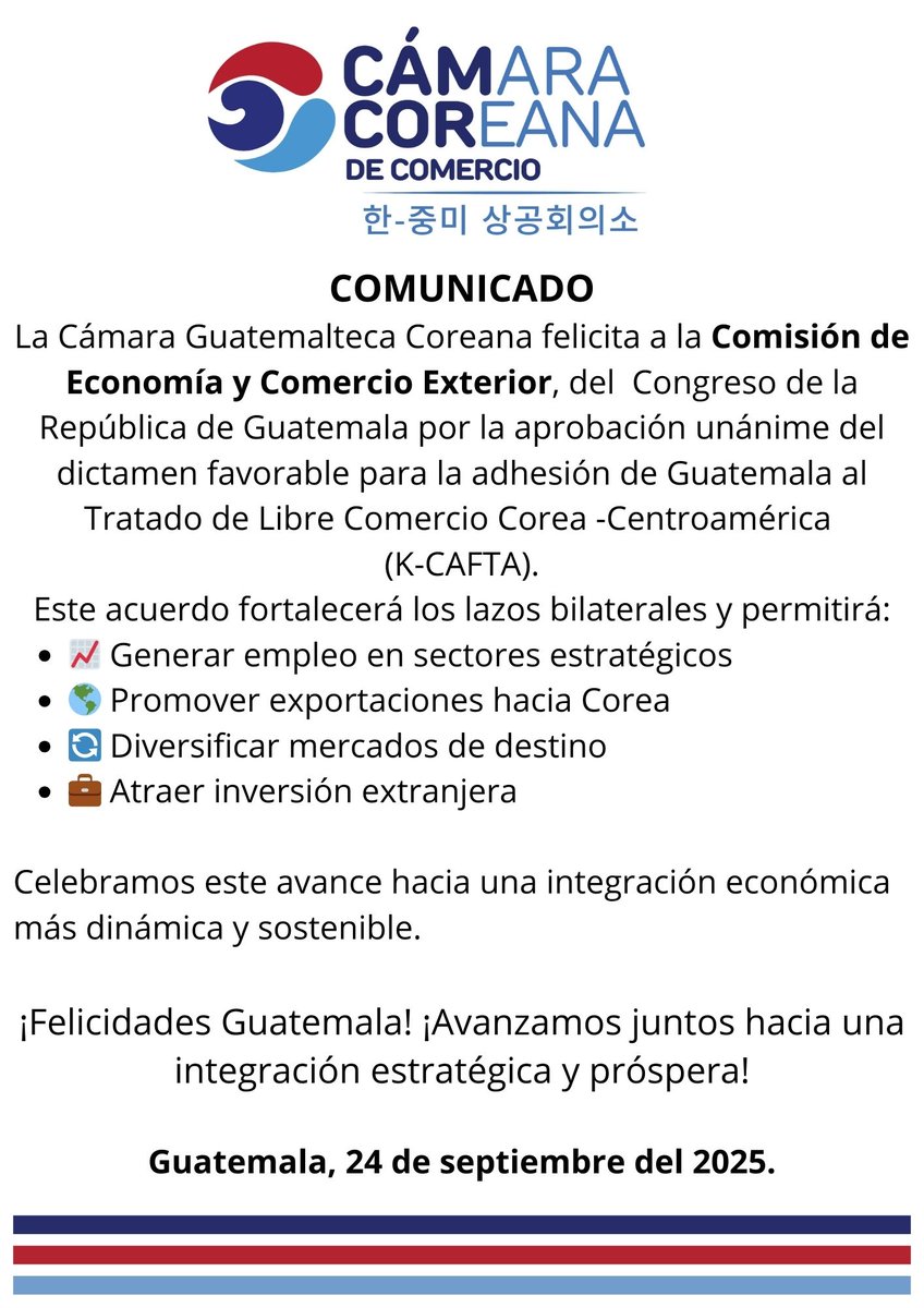 CamCorGt's tweet image. Felicitamos a los señores diputados del Congreso de la República de #Guatemala, miembros de la Comisión de Economía y Comercio Exterior, y a su presidente Sr.@FaverSalazar  por la aprobación del dictamen favorable, por unanimidad, a la adhesión de Guatemala al TLC #Corea…