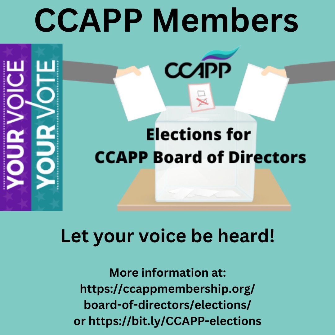 CCAPP Members: it's time for your voice to be heard! The 2025 elections for the Board of Directors are from Oct 25 - Dec 9, with nominations currently open. For more information about the election, you can visit ccappmembership.org/board-of-direc…. #CCAPP #CCAPPStrong