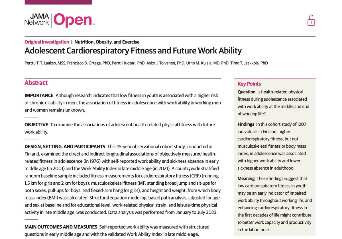 AriyoshiMd's tweet image. 10代の体力が、40年後の「仕事のパフォーマンス」を決める？

45年追跡研究（n=1,207）

10代で心肺持久力が高いほど
　・中年で仕事力が高い
　・病欠も少ない
　・その差は定年期の仕事力にまで波及

一方で、筋力やBMIにはこの効果はなし