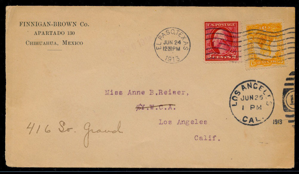 🇲🇽/🇺🇸 - Mexican Cover - Revolution Period

This Cover was used during the Mexican Revolution, it contains a mixed franking, 1 stamp from
Mexico and another from U.S.A. This situation happen when the employeer from
"FINNIGAN-BROWN Co." he carried the Mexican stamp with a postal