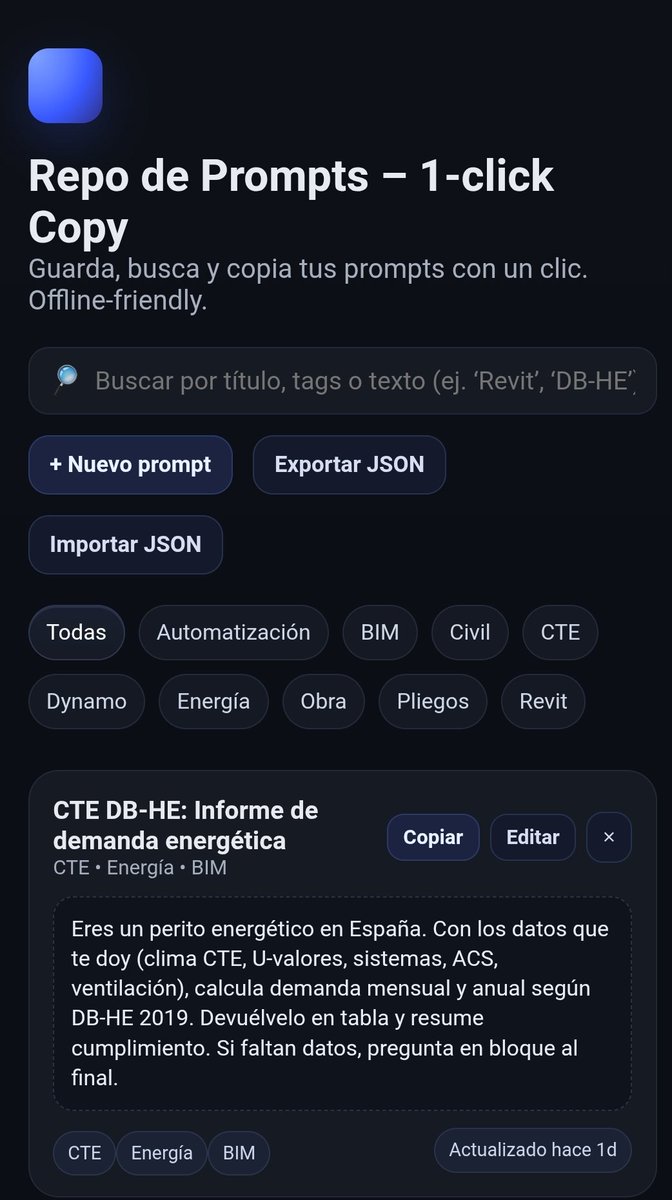 Guarda, busca y copia tus prompts con un clic. Offline‑friendly.