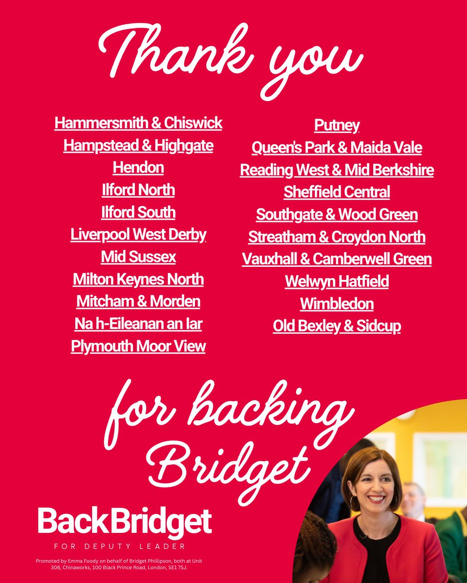More and more CLPs have chosen to #backbridget tonight - so many we’re doing two thank you graphics!

Thank you to all these CLPs which have chosen to #backbridget today!
