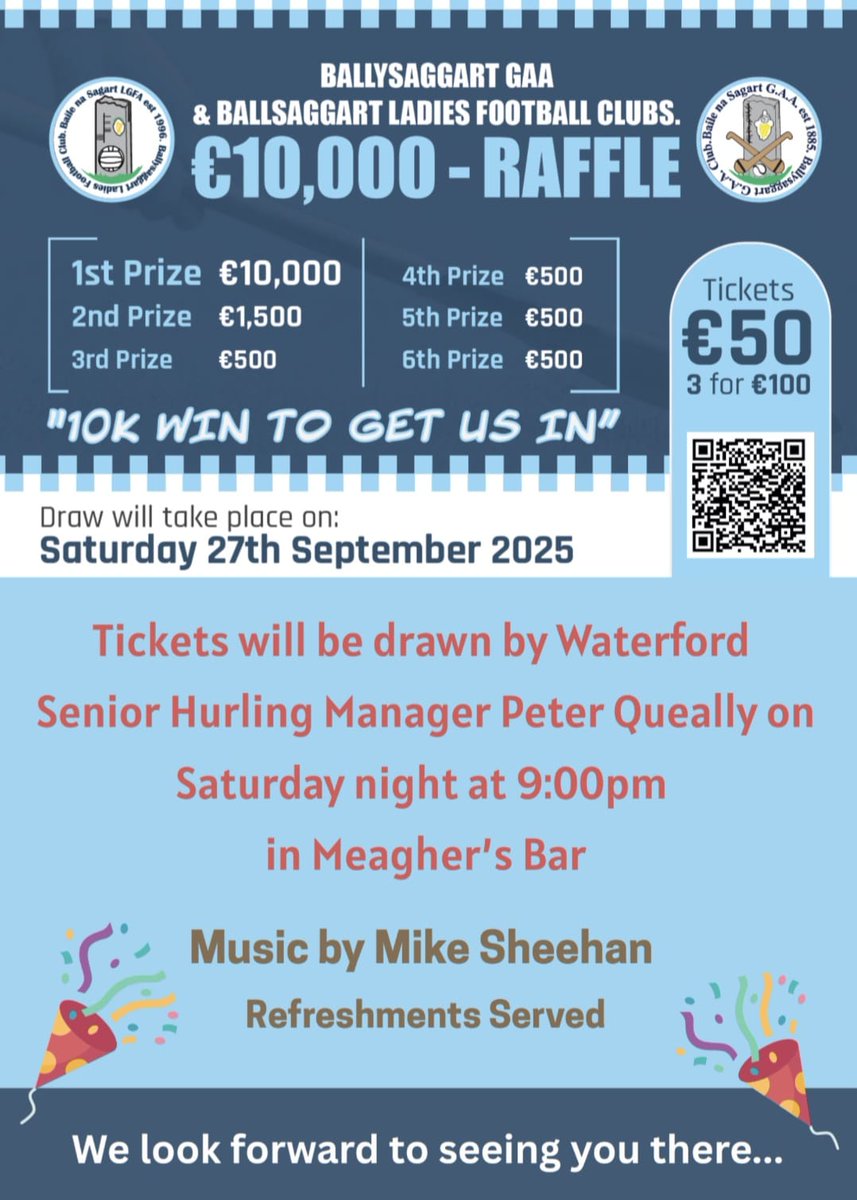 BallysaggartGAA's tweet photo. The night is almost here.....
Come join us for the raffle this Saturday night. Your support of the raffle is greatly appreciated by both the GAA &amp; Ladies Football Clubs.
Last chance to get tickets and join us Saturday evening at 9pm 
https://t.co/l17odBzIp2... https://t.co/Qw1a37wOOt