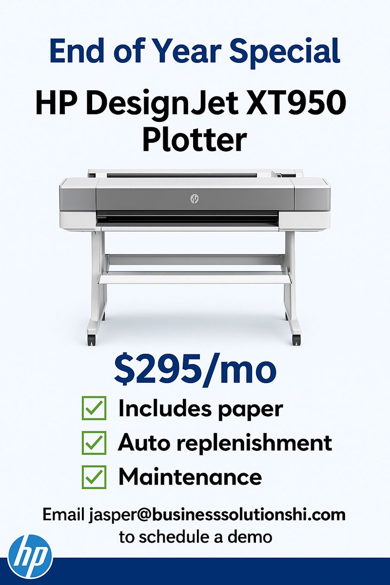 BusinessWorksHI's tweet image. Blazing fast. Ultra precise. Eco-conscious.
The HP DesignJet XT950 powers CAD, plans &amp;amp; posters with up to 120 D-size/hr, smart stacking, and mobile printing via HP Click.
Questions? jasper@businesssolutionshi.com
#HPDesignJet #WideFormatPrinting