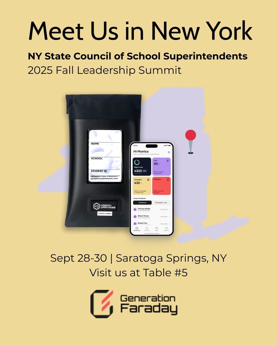 Headed to Saratoga Springs for the <a href="/nyschoolsupts/">NYSCOSS</a>’ Fall Leadership Summit?

Stop by Table 5 to meet the Generation Faraday team.

See how schools across the US use distraction-free solutions to boost engagement and support learning. 

#NYSuptsFall #EdTech #DistractionFree