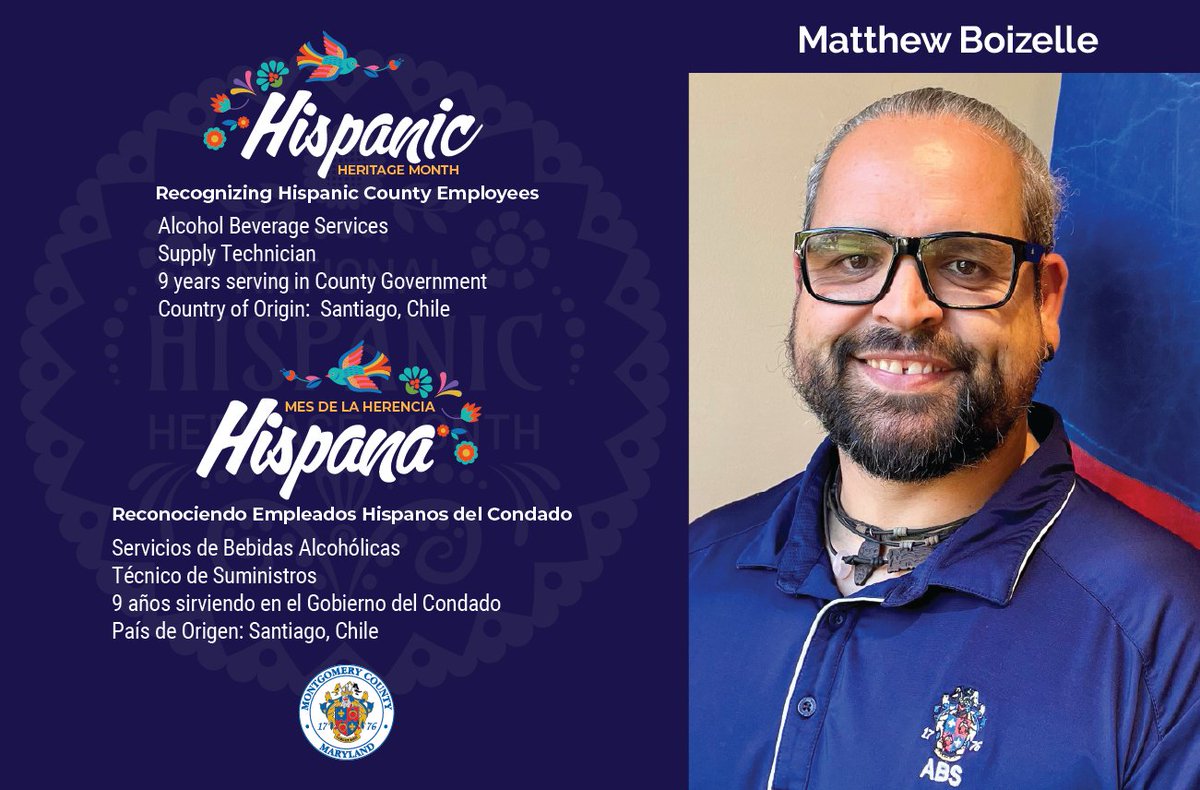 🌎✨ This Hispanic Heritage Month we celebrate Matthew Boizelle, a Marine Corps veteran from Santiago, Chile. He’s served 9 years with @absmontgomerycounty as a Supply Technician. Thank you, Matthew, for your service to our County &amp; community! 🇨🇱👏