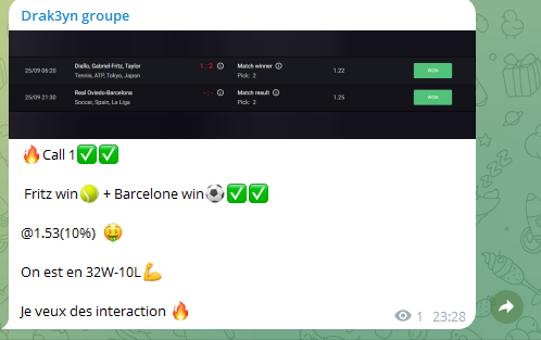 🔥bet du jour Validééééééééééé 🔥✅✅

🎾 Fritz win ✅ 
⚽ Barcelone win ✅

📈 Cote 
<a href="/1/">1</a>.53 (10%) → validée 🤑

👉 Bilan actuel : 32W - 10L(75% win)

J'ai fais mon taff faites le votre petez les ❤️

#TeamParieur