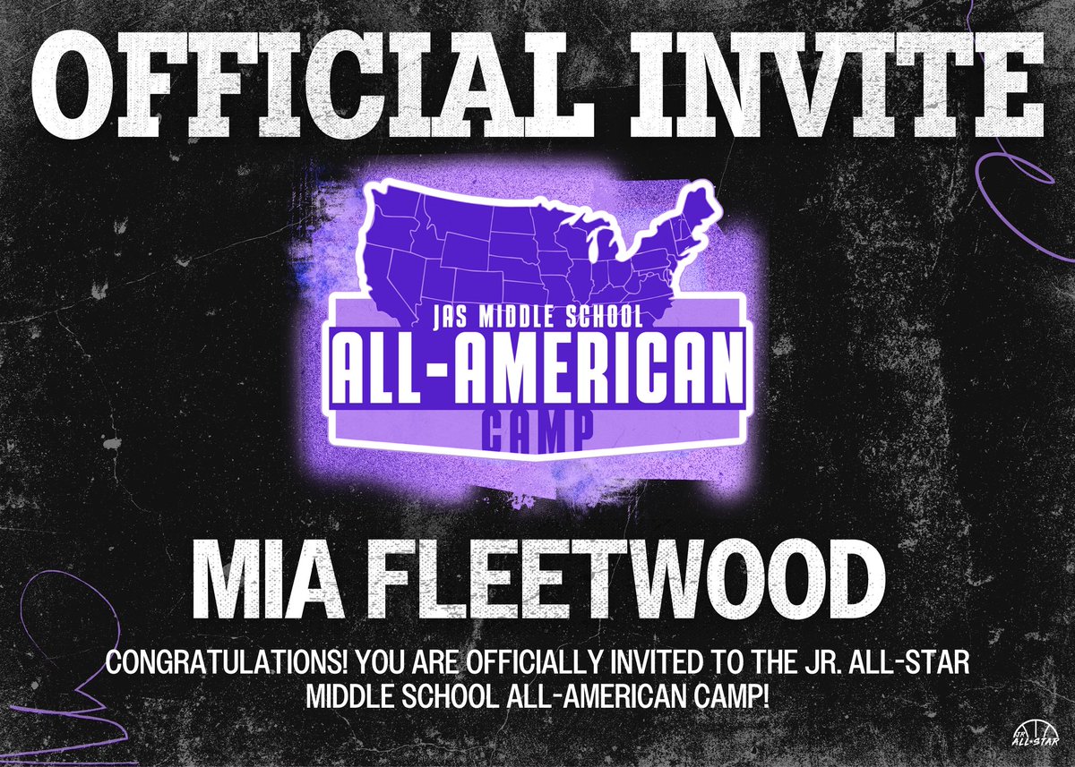 I am very blessed to be invited to the Jr. All Star Middle School All American Camp for the second year in a row! Can’t wait to compete! Thank you <a href="/JrAllStarBB/">Jr. All-Star Girls Basketball</a> !