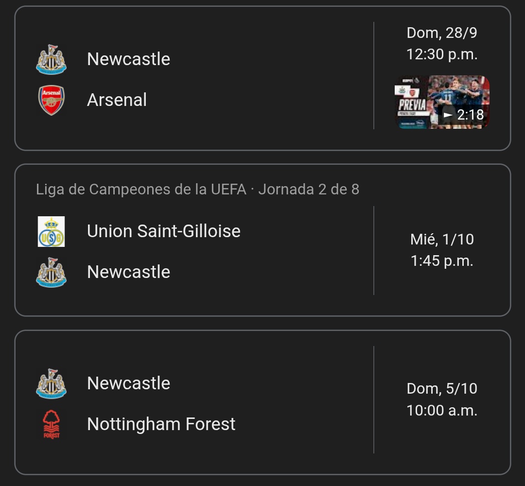 Los próximos 3 partidos del Newcastle.