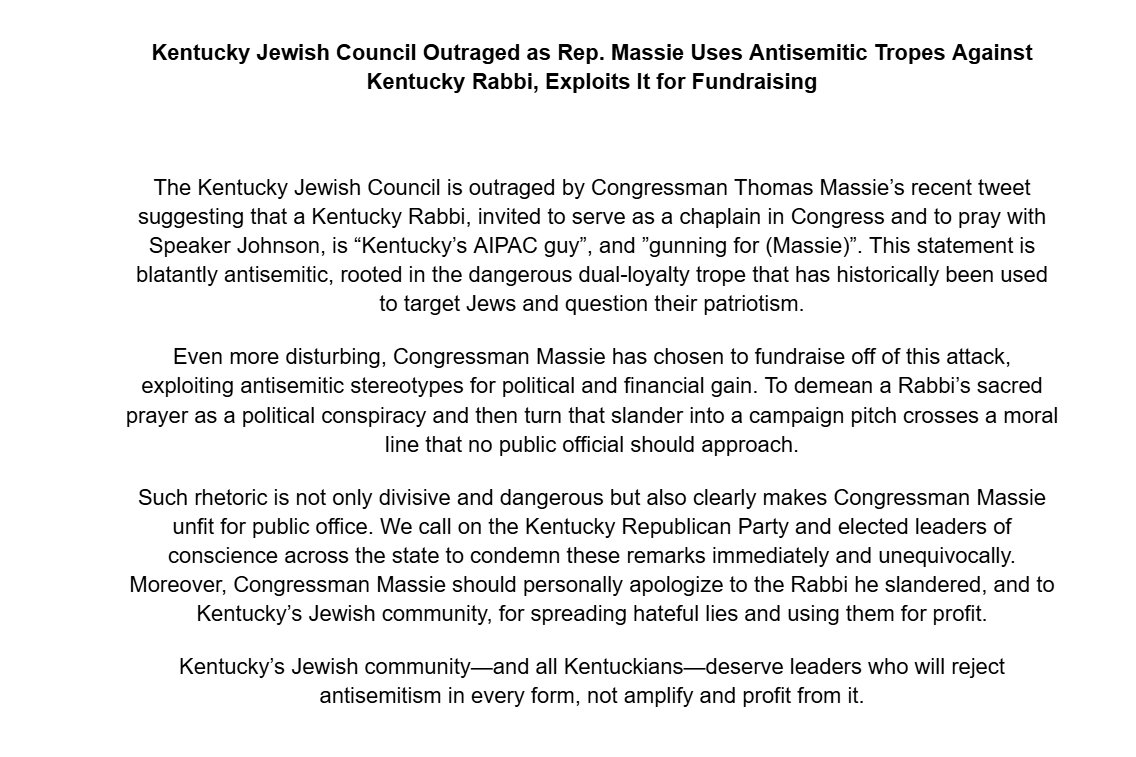 During the Jewish New Year, <a href="/RepThomasMassie/">Thomas Massie</a>  smeared a Kentucky Rabbi with antisemitic dual-loyalty lies—then cashed in on it. Antisemitism for profit is beyond the pale. He must apologize, and KY GOP should condemn.