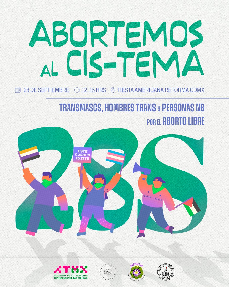 Nada de nosotres sin nosotres, nos vemos este domingo para marchar por abortos libres, seguros y gratuitos para transmasculinidades, hombres trans y personas no binaries 💚🏳️‍⚧️

Todas las luchas por la liberación se conectan. ¡Sigamos hablando de Palestina! Trae tus consignas 🔥🍉