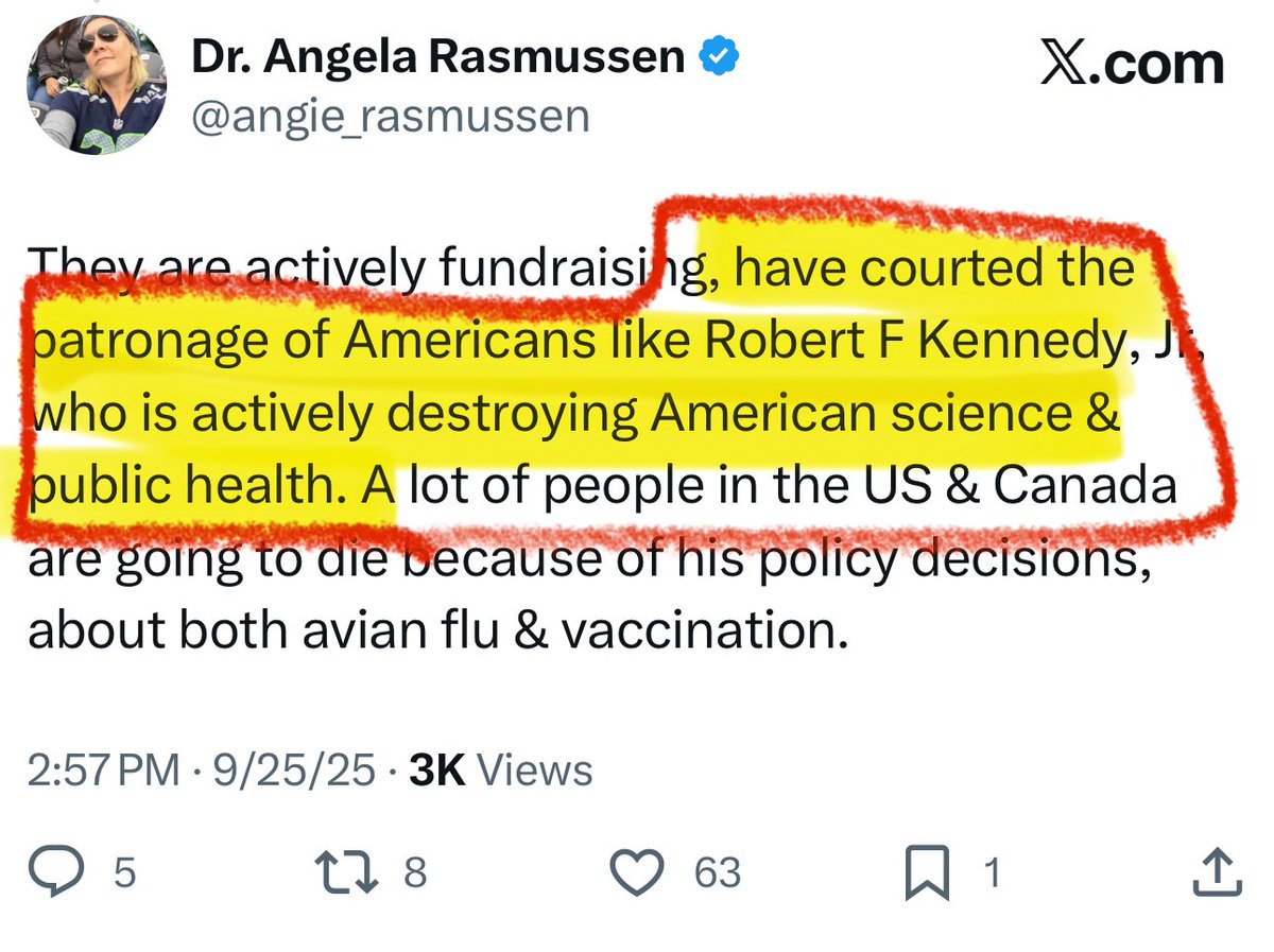 And here you have it…

<a href="/angie_rasmussen/">Dr. Angela Rasmussen</a> reveals herself. At the very end, for anyone who made it through the X diatribe.

They’re killing the birds to spite the Trump administration.

I hope <a href="/realDonaldTrump/">Donald J. Trump</a> and <a href="/RobertKennedyJr/">Robert F. Kennedy Jr</a> understand what is going on in Canada, and