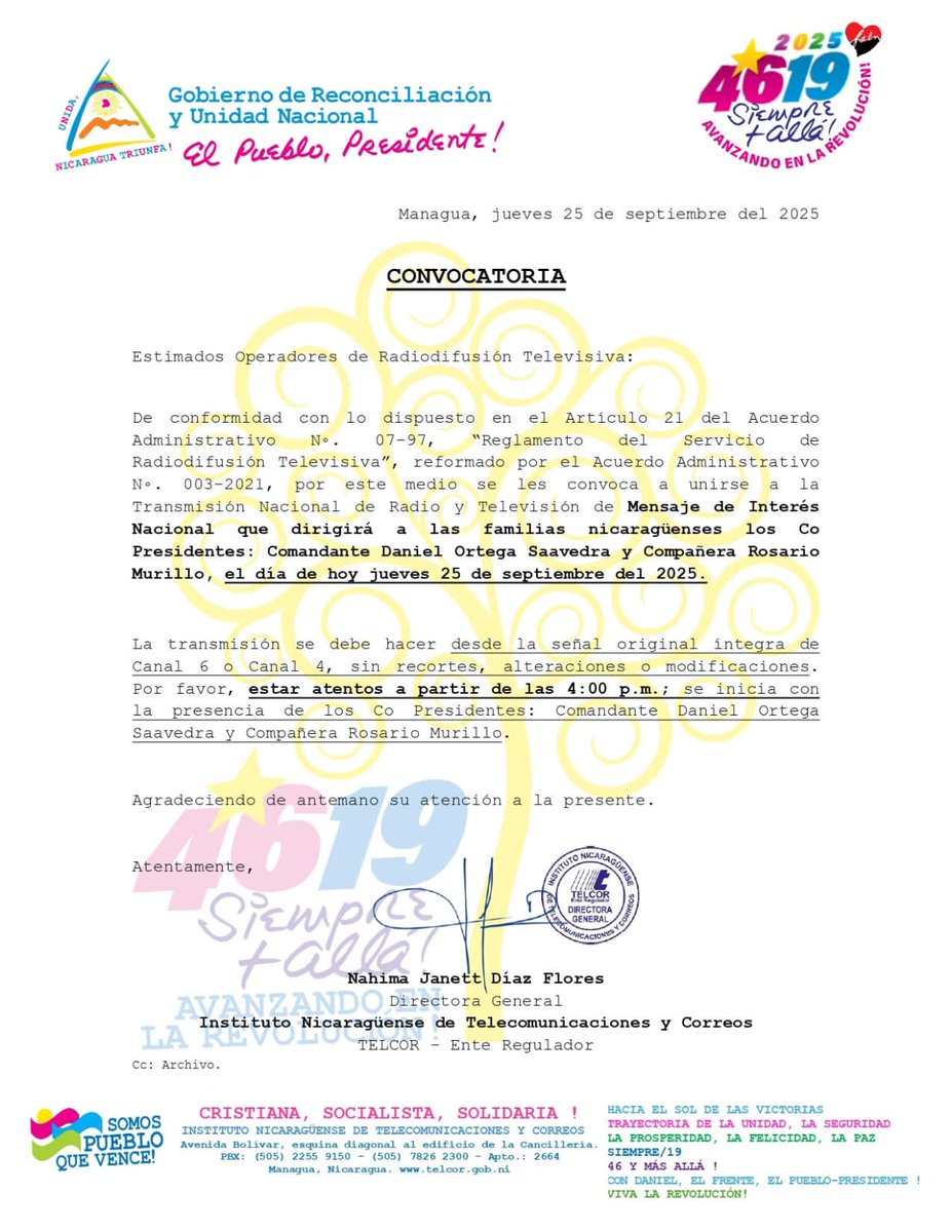 📢 Hoy hablan los jefes.
A las 4:00 p.m. Cadena Nacional de Radio y TV con el mensaje de nuestros Co-Presidentes, Cmdte. Daniel Ortega Saavedra y Cra. Rosario Murillo.
Unidos en la ruta de la dignidad, la soberanía y la justicia social. #Nicaragua #TodosSanJaciento ❤️🖤