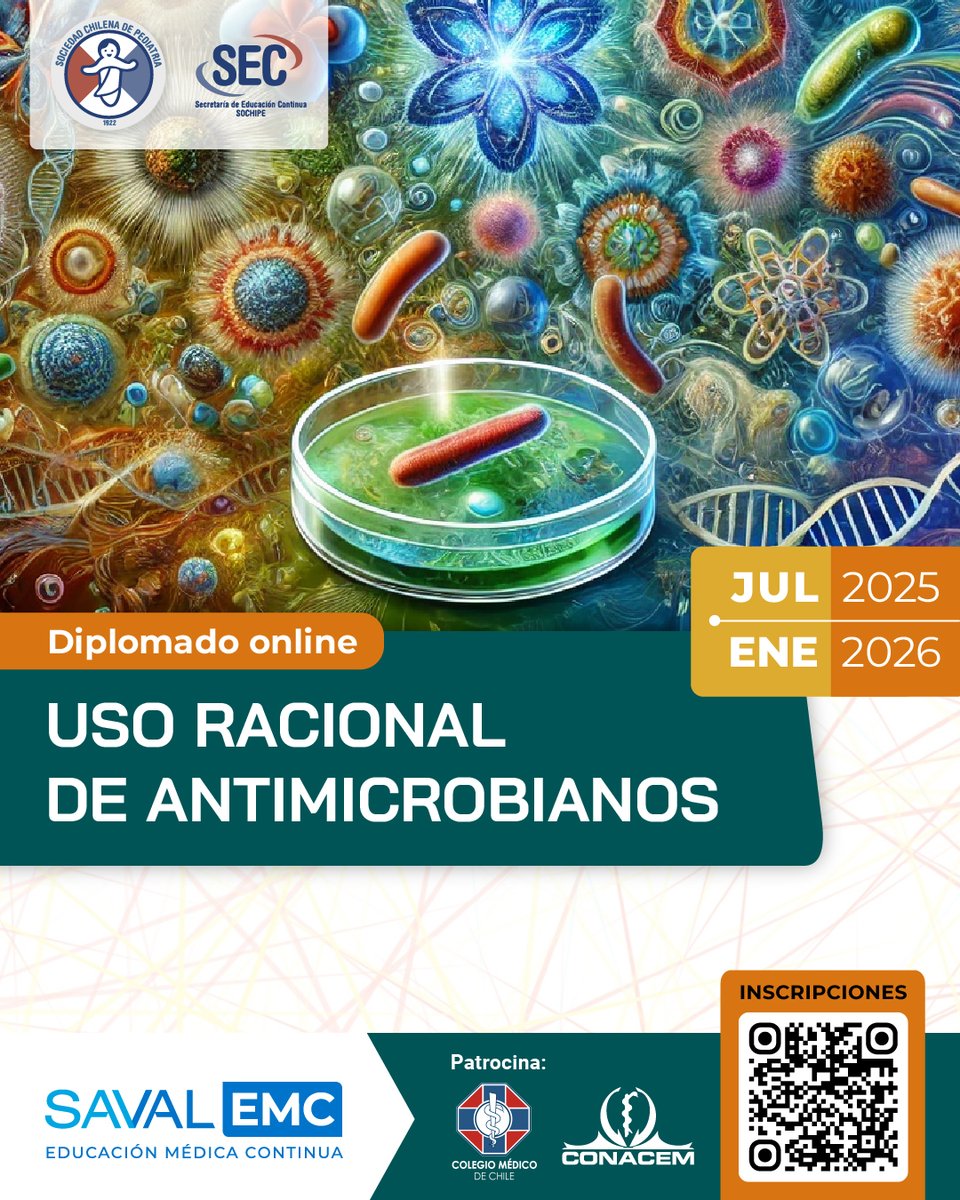 CURSO ONLINE 🖥️| USO RACIONAL DE ANTIMICROBIANOS🦠

Participa de este diplomado de formación continua en pediatría, dirigido a profesionales de la salud 
que buscan conocer y aplicar los principales antimicrobianos de uso pediátrico.
Más info en emc-saval.cl/2025-SOCHIPE-A…