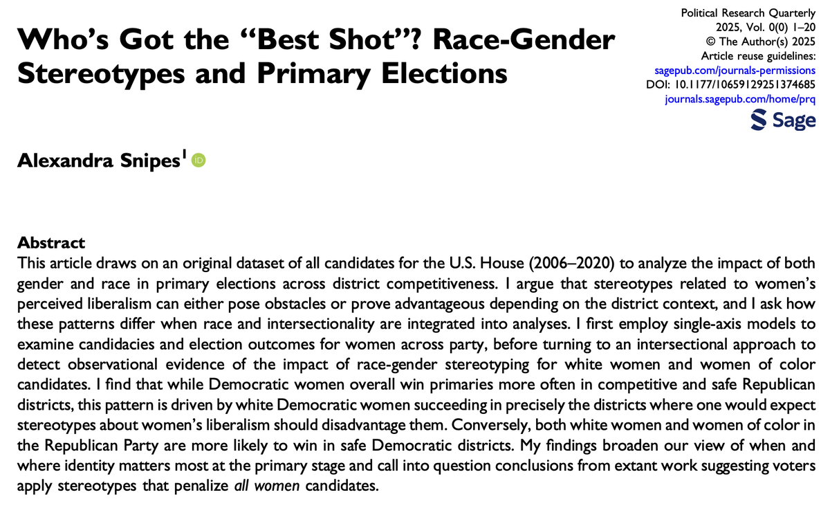 Alex Snipes (@alexandrasnipes) on Twitter photo Back on Twitter after a long hiatus with exciting news: my article is out in <a href="/PRQjournal/">Political Research Quarterly</a>! Perfect timing, since I’m also on the job market.🤸♀️🕳️ In the paper, I examine how race-gender stereotypes affect women's chances in primaries across district type: journals.sagepub.com/doi/10.1177/10… Back on Twitter after a long hiatus with exciting news: my article is out in <a href="/PRQjournal/">Political Research Quarterly</a>! Perfect timing, since I’m also on the job market.🤸♀️🕳️ In the paper, I examine how race-gender stereotypes affect women's chances in primaries across district type: journals.sagepub.com/doi/10.1177/10…