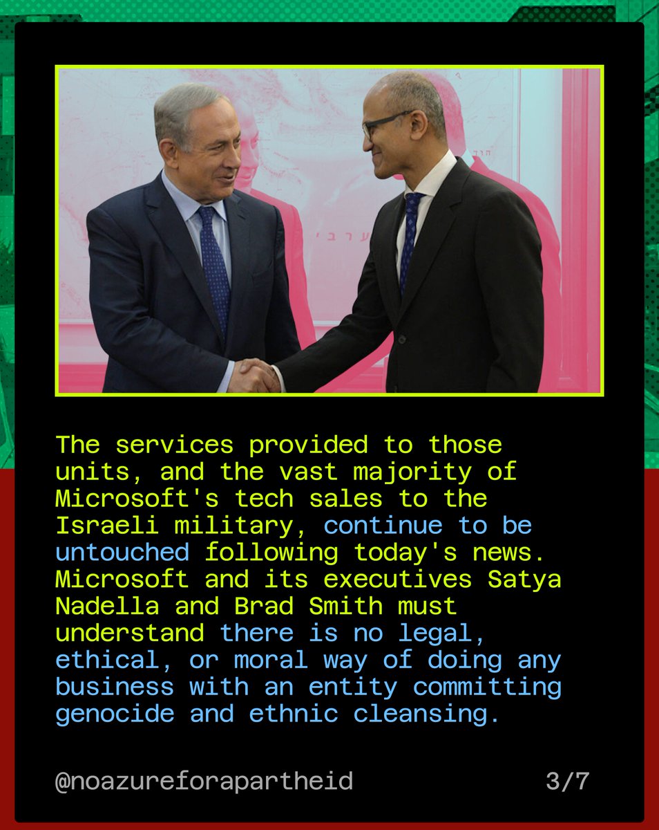 NoAz4Apartheid's tweet image. In an unprecedented, but insufficient, win for our campaign, Microsoft has caved under pressure and made the significant decision to stop the sale of a subset of its cloud and AI services to Unit 8200, the spy agency of the Israeli military.
