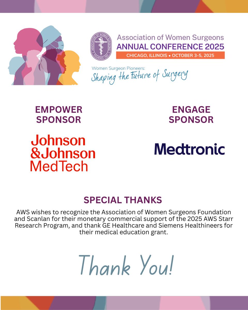WomenSurgeons's tweet image. As we prepare to gather in Chicago for the #AWS2025 Conference, we would like to take a moment to express our gratitude to our sponsoring organizations for their support. Please join us in thanking them for empowering women in surgery!