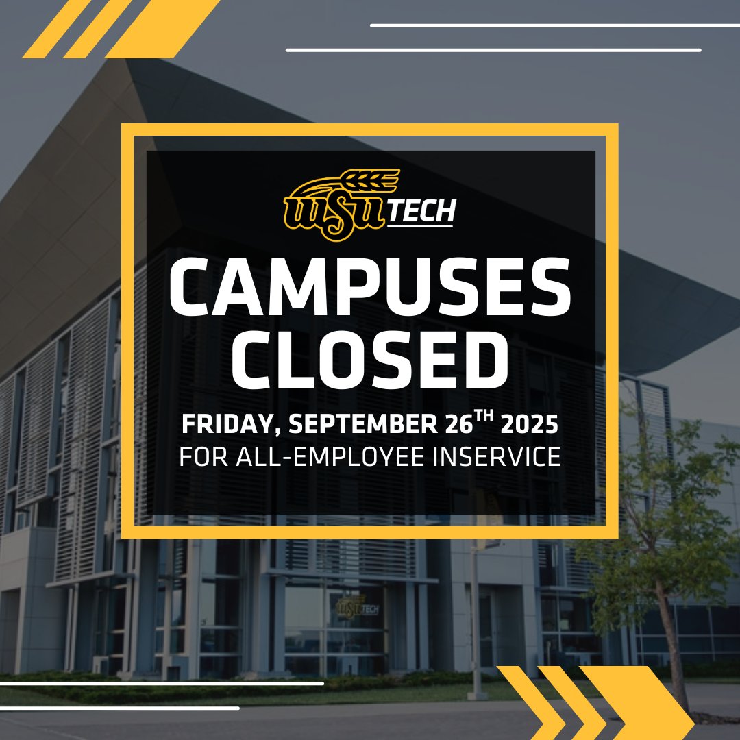 ‼️ WSU Tech will be closed on Friday, September 26, for an all-employee inservice and Community Service Day.