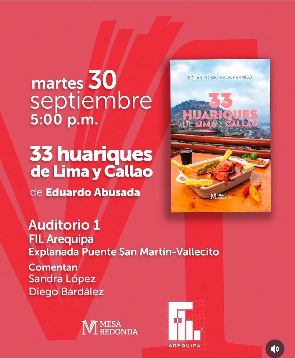 Si están por la bella ciudad de Arequipa, les paso la voz que el día martes 30 de septiembre, a las 5 pm, estará presentando allí mi libro "33 Huariques de Lima y Callao" en la Feria Internacional del Libro de Arequipa. ¡Nos vemos! ❤
