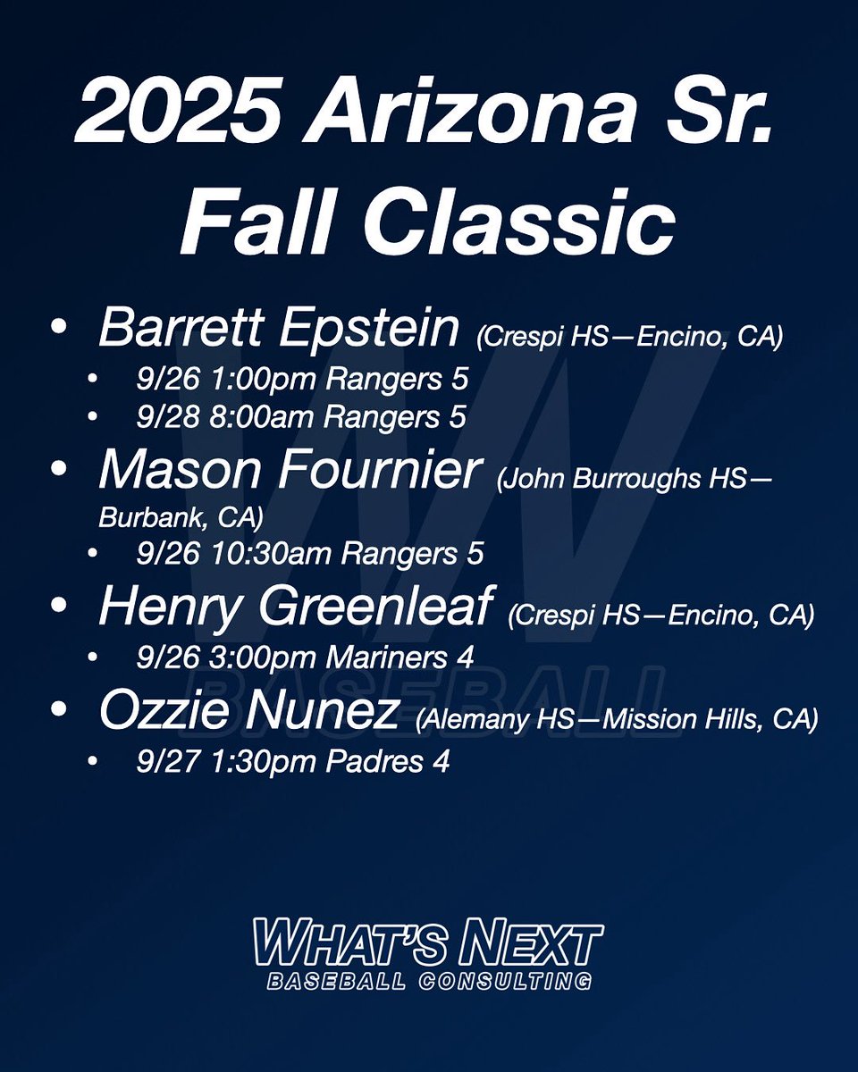 For those heading to the <a href="/AZFallClassic/">AZ Fall Classic</a> here are some of my guys and their game times

<a href="/GBGbaseballUSA/">GBG Baseball USA</a> <a href="/TPAathlete/">Top Prospects Athletics</a> <a href="/TroskyBaseball/">Trosky</a> <a href="/BUncommitted/">Baseball_Uncommitted</a>