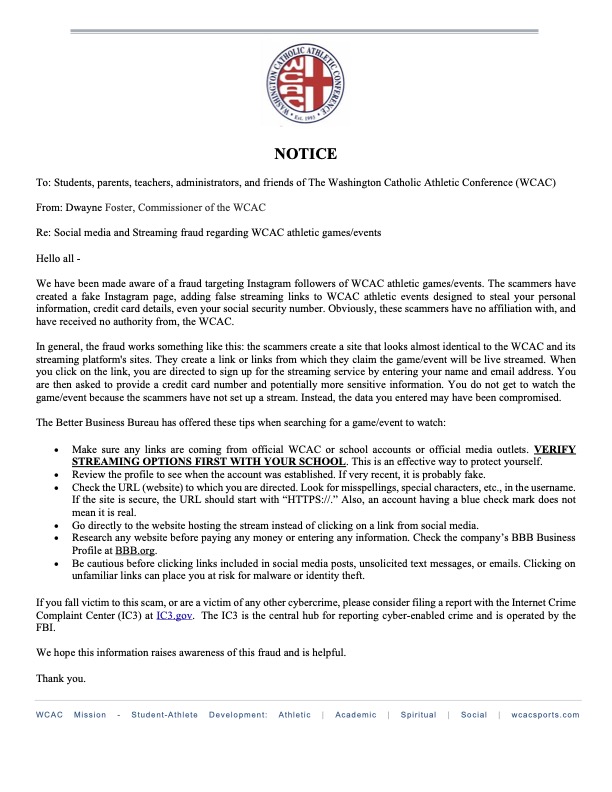 DMStagsTV's tweet photo. Be aware of fraudulent accounts claiming to stream WCAC sporting events. We stream DeMatha athletic events exclusively through the DMStagsTV channel on YouTube.

For more information, please read the following notice from @WCACSports commissioner Dwayne Foster. https://t.co/3CHCFSongj