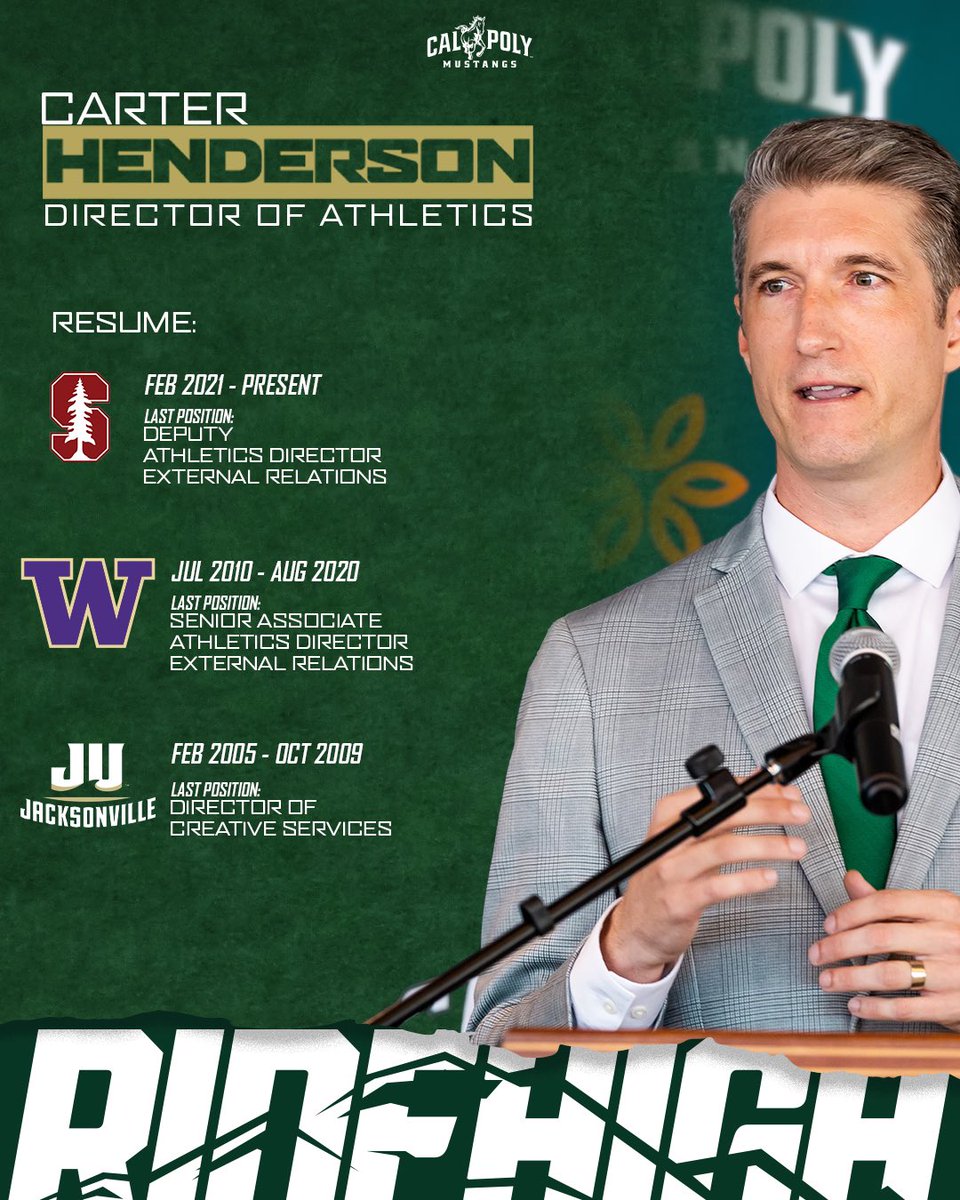 CPMustangs's tweet image. 𝘼𝙣 𝘼𝙘𝙘𝙤𝙢𝙥𝙡𝙞𝙨𝙝𝙚𝙙 𝙍𝙚𝙨𝙪𝙢𝙚 📄

Our new Director of Athletics Carter Henderson brings over 20 years of experience working in collegiate athletics with him to Cal Poly, most recently serving as the Deputy Athletics Director at Stanford!

#RideHigh