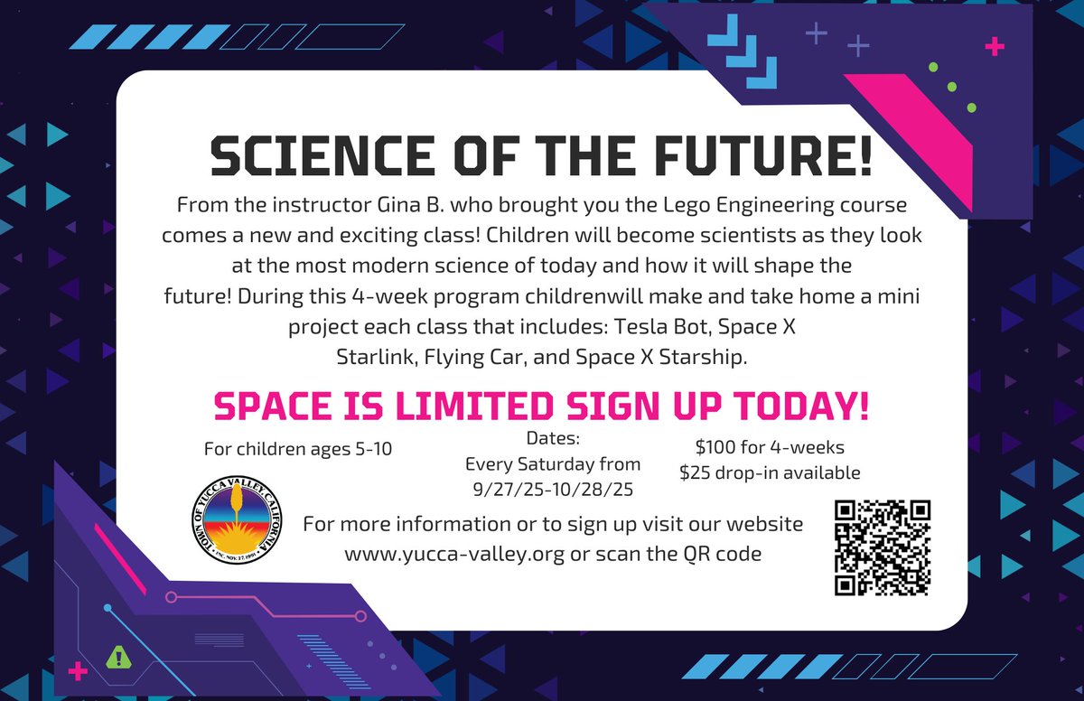 MyYuccaValley's tweet image. Participate at the Yucca Valley Community Center on Saturdays, Sept 27 – Oct 18, from 9:30–10:30 a.m.
💲 $25 per class

👉 Register now at secure.rec1.com/CA/yucca-valle… or call (760) 369-7211

#YuccaValley #STEMKids #ScienceClass