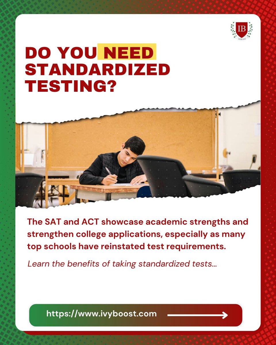 IvyBoostFremont's tweet image. Deciding on standardized tests? They can enhance your applications, showcase skills, and provide scholarship opportunities.📚✨ 

Full Article: tinyurl.com/2wpnsj3r
More College Counseling Here: ivyboost.com/sign-up

#StandardizedTests #CollegePrep #co2026 #ivyboostblog