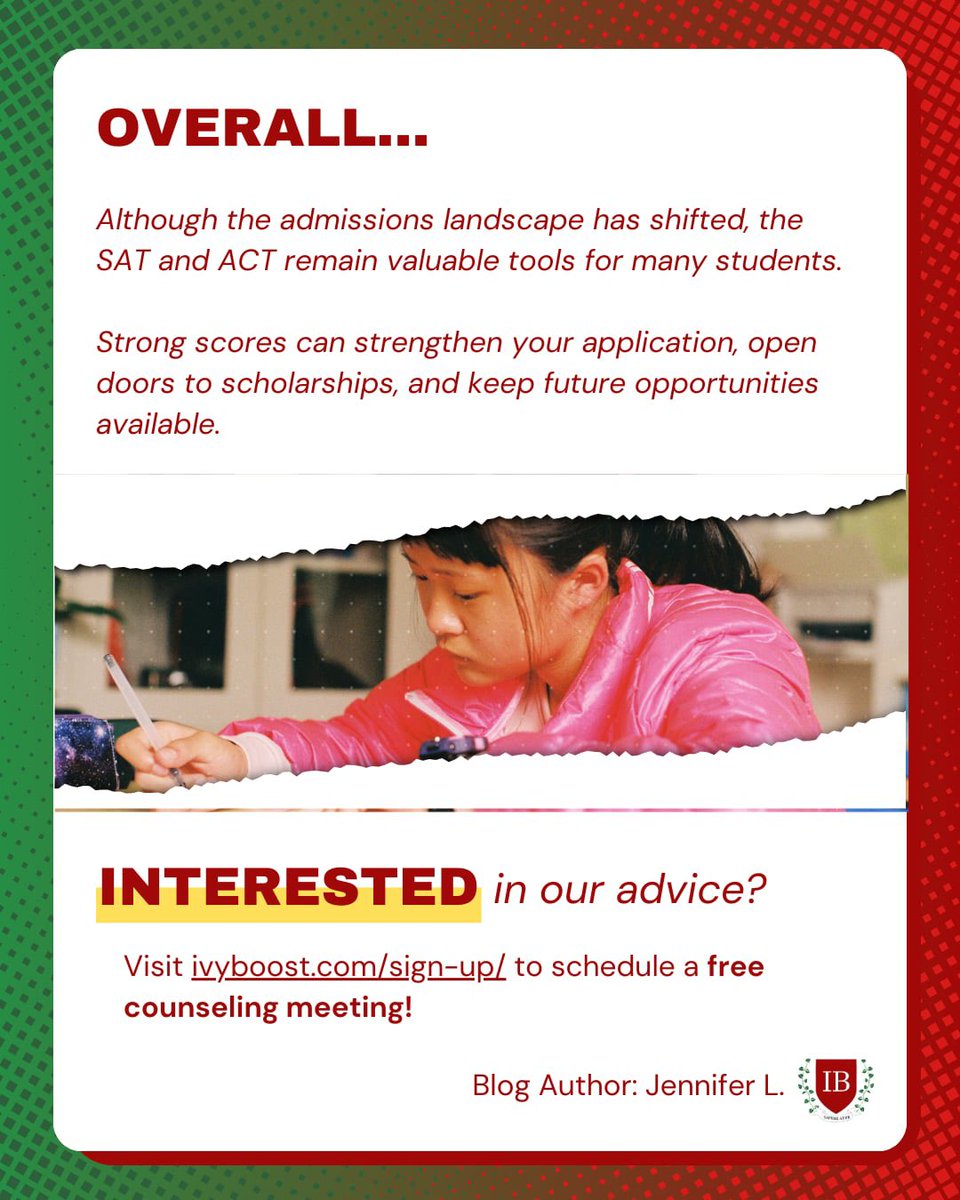 IvyBoostFremont's tweet image. Deciding on standardized tests? They can enhance your applications, showcase skills, and provide scholarship opportunities.📚✨ 

Full Article: tinyurl.com/2wpnsj3r
More College Counseling Here: ivyboost.com/sign-up

#StandardizedTests #CollegePrep #co2026 #ivyboostblog