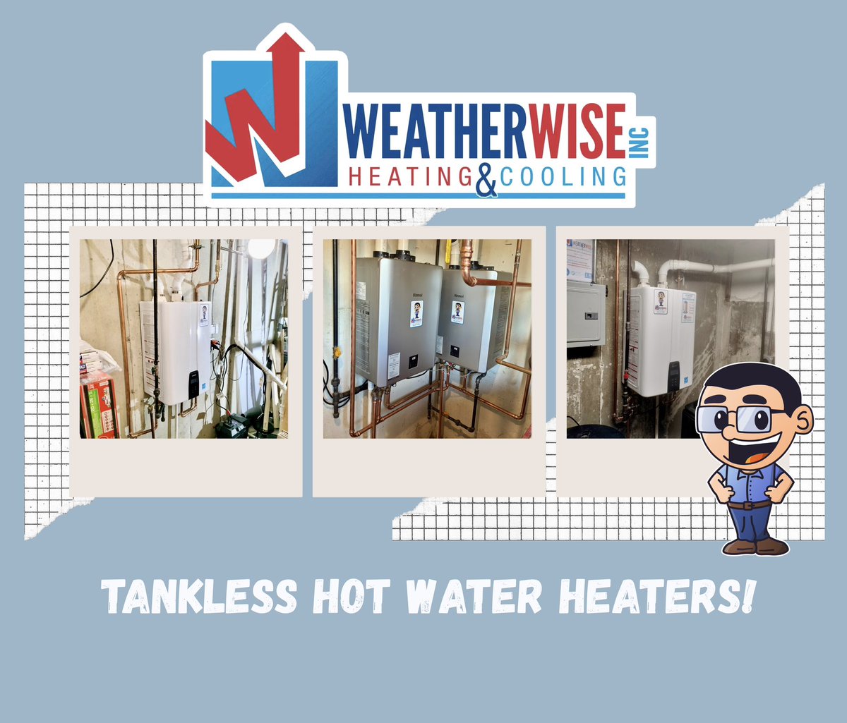 Upgrade your comfort &amp; efficiency! 🔥✨ 

Switching from an old hot water tank to a high-efficiency tankless system means endless hot water, lower energy bills, and more space in your home. 💧🔧

Ready to make the change? Call WeatherWise today at (815) 477-7766 for more info!