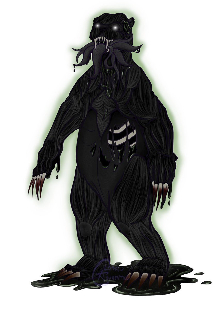 CloakApprentice's tweet photo. [Tagged for exposed animal bones + musculature, drawn]

Long-time friend @summoningsam + I homebrewed a monster for our 1st campaign set in the #OrdemParanormal universe. Now that it's been revealed to our players, I can finally share my art of it!
Enjoy our wretched Oozebear <3 https://t.co/xGAEZWduwr