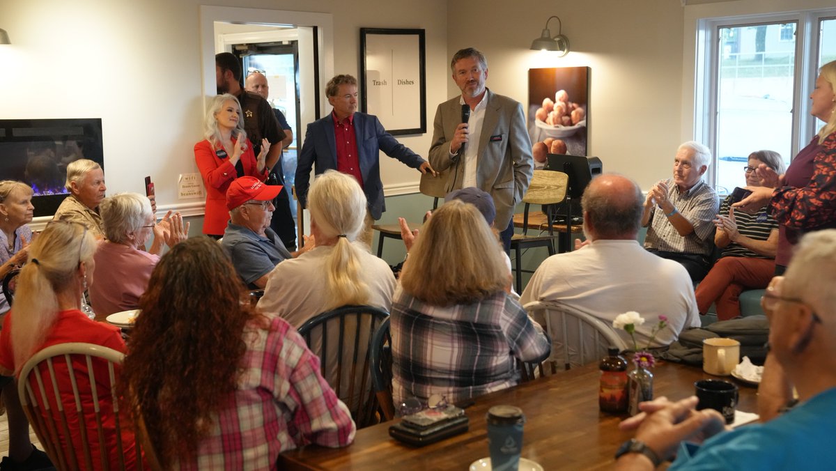 MassieforKY's tweet photo. On the campaign trail with @RandPaul at @beanscafebakery in Dry Ridge. 

We shared the message of limited government, fiscal responsibility, and preserving civil liberties. 

Thanks to all who attended, including Grant County’s own @SavannahLMaddox. https://t.co/azIuywMfIL